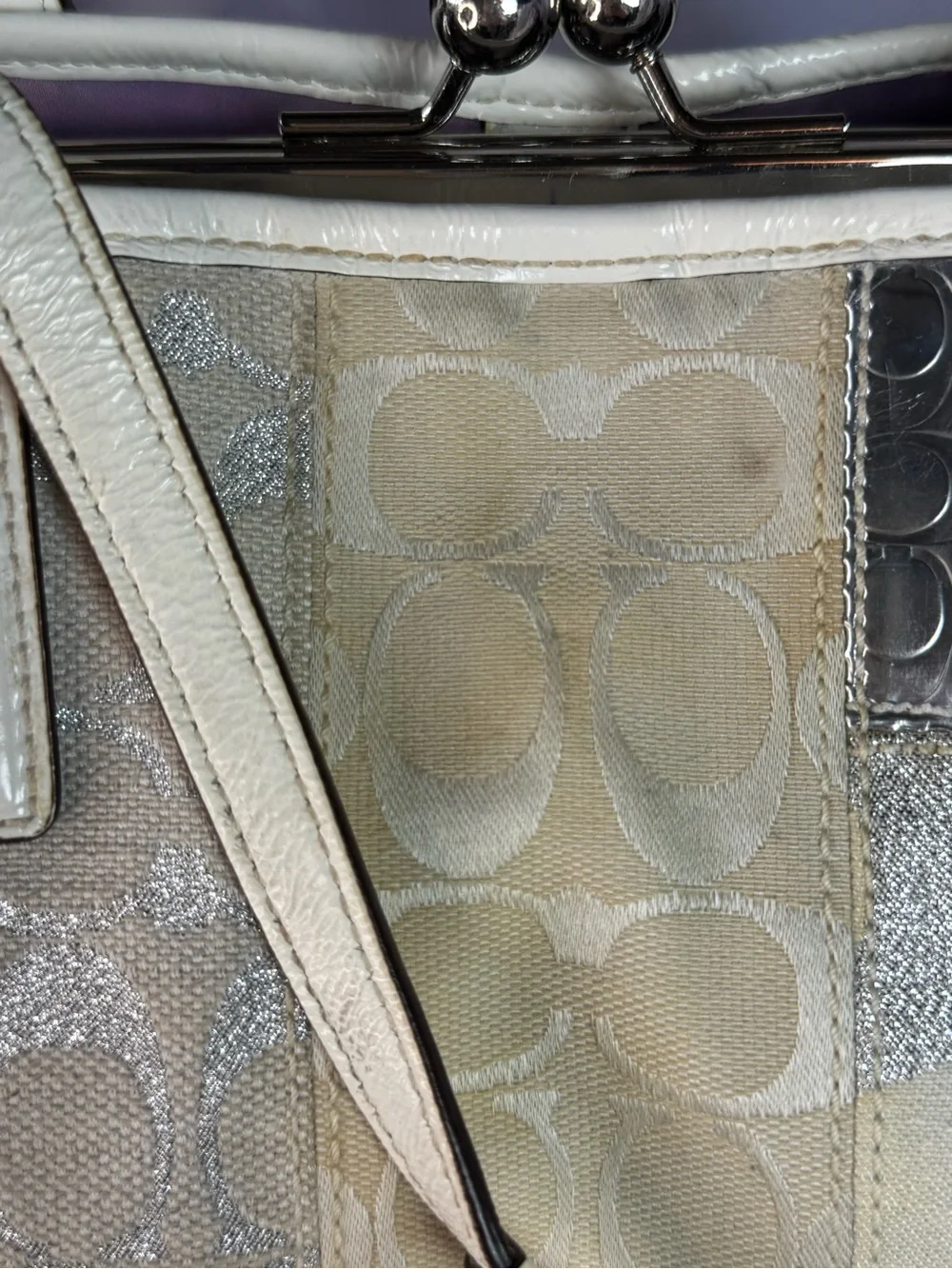 Coach Signature Metallic Silver Ivory Kisslock Satchel Handbag Purse